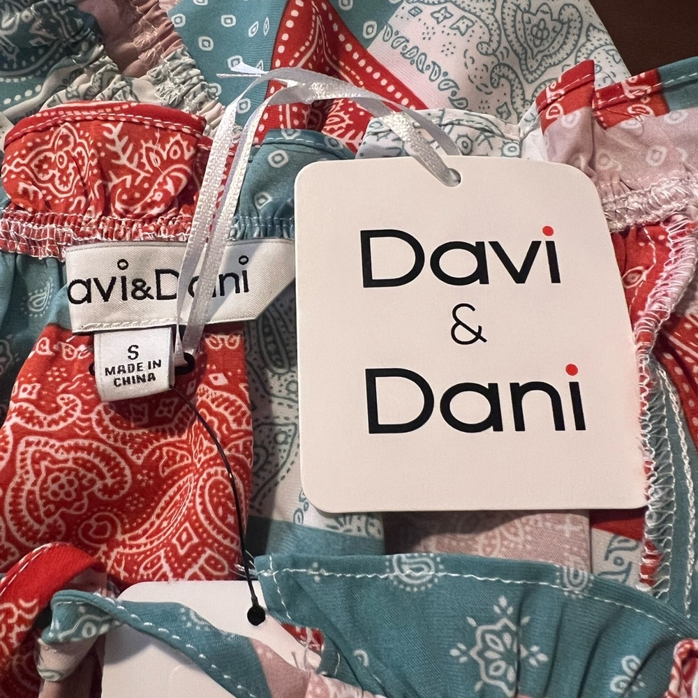 DAVI & DANI Patchwork Tie-Neck Blouse - Teal, Rust & Cream Bandana Print Small - Picture 3 of 4